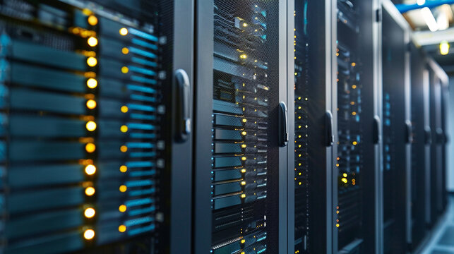 Data center with an emphasis on sustainability, using recycled materials in the construction of server racks.