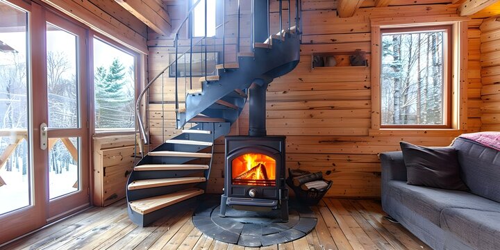 Cozy Wooden Cabin with Cast Iron Stove and Spiral Smoke Pipe. Concept Rustic Cabin, Cast Iron Stove, Spiral Smoke Pipe, Cozy Interior, Wood Furnishings