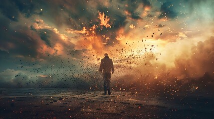 Fototapeta premium A solitary figure, whose gender is indeterminate, stands facing a dramatic and tumultuous scene. The environment is striking, featuring a sky ablaze with fiery colors ranging from deep oranges to warm