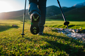 Woman hiker with trekking poles walks through green meadow in sunset light