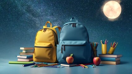 back to school. bag school supplies, pencils, books, ruler on blue background - Powered by Adobe