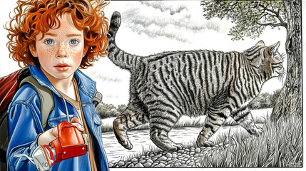 A red-haired boy with backpack and a huge tabby cat on a walk. Monochrome illustration with color accent.