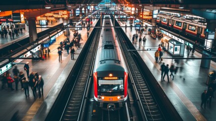 Busy train station with trains arriving and departing, and passengers bustling about