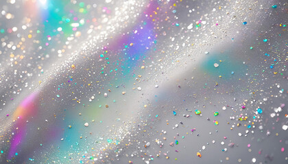 Precious, shimmering grains scattered on the iridescent white background. Abstract with colored light reflections.