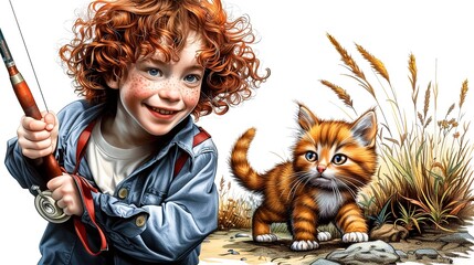 Two red-haired friends - a boy with a fishing rod and a kitten on a walk. Storybook illustration on a white background