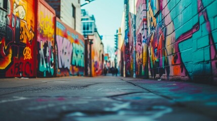 Vibrant street lined with colorful murals and graffiti art