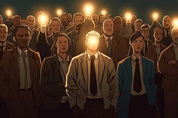 A group of individuals standing together, each holding a candle in front of them, illuminating their faces and the space around them