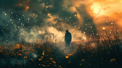 The image captures a moody, atmospheric scene of a solitary figure standing in a field of flowering plants at either dawn or dusk. The sky is partly obscured by clouds, but a warm glow from the sun cr
