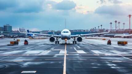 Busy airport: planes taxi along the runway, take off and land