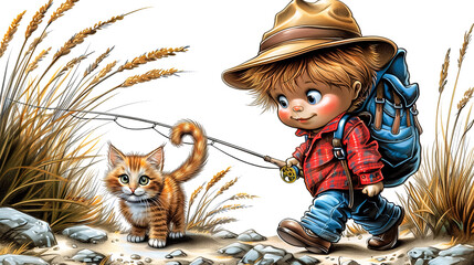 Two red-haired friends - a boy with a fishing rod and backpack and a kitten on a walk. Storybook illustration on a white background