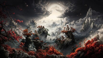 Mystical Landscape with Baboons in a Majestic Mountainous Terrain and Red Trees