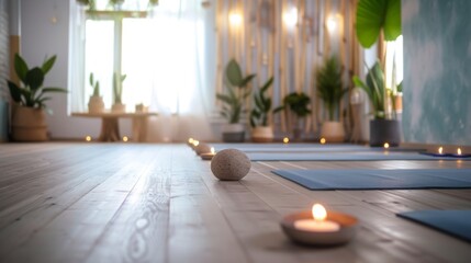 Peaceful yoga studio with mats laid out on the floor and soothing decor