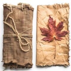 Two handmade books or journals are laid side by side on a white surface. The one on the left is wrapped in brown textured fabric and bound with a rustic twine tied in a bow. The one on the right has a