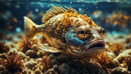 Stunning Steampunk Fish in Aquatic Scene with Coral and Bubbles