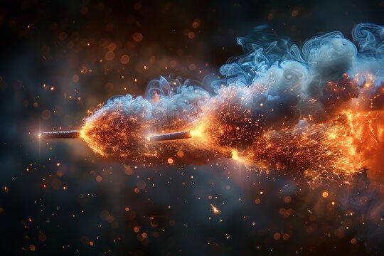 A close-up of a burning sparkler with intense sparks and smoke, ideal for concepts involving energy and power