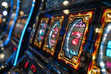An appealing image capturing the movement and bright colors of a slot machine's spinning reels with symbols