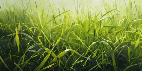 Artistic depiction of grassy field with dew drops. Nature's tranquility concept