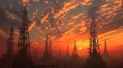 This evocative image showcases multiple oil rigs silhouetted against a dramatic sunset sky with vibrant orange and red hues reflecting industry and nature's beauty