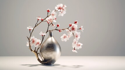 A metal vase filled with bright blossoms, its shadow casting a gentle contrast on the solid white backdrop