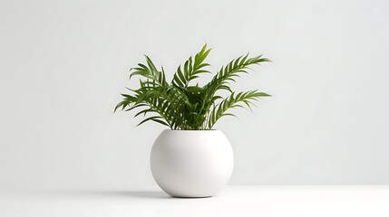 A modern ceramic pot housing lush greenery, its shadow creating a subtle contrast on the solid white backdrop