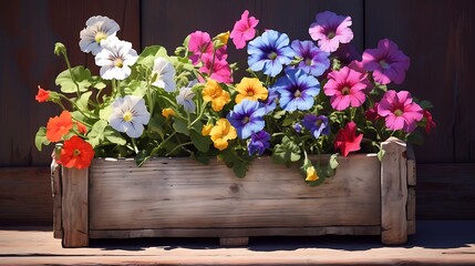 Fototapeta na wymiar A rustic wooden planter with vibrant flowers, its shadow blending seamlessly with the pure white canvas