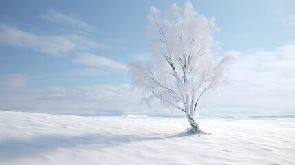 A serene birch tree against a snowy white surface