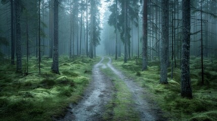 Obraz premium Dirt road cutting through foggy forest, adventure background