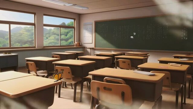 empty classroom atmosphere with green blackboard, in anime or cartoon style, seamless looping time lapse virtual 4k video animation background