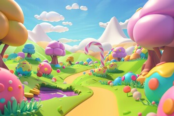 a cartoon landscape with candy trees and mountains