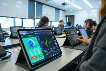 Students engaged in an educational setting, using tablets to analyze financial data and stock market trends in a modern classroom