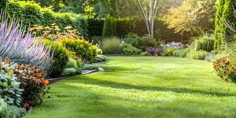 Maintained Garden with Shrubs, Flowers, and a Well-Kept Lawn. Concept Gardening Tips, Shrubs and Flowers, Lawn Care, Maintaining a Garden, Well-Kept Yard
