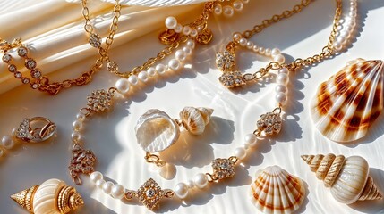 Horizontal AI illustration elegant gold and pearl jewelry collection with seashells. Business.