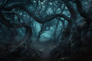a dark forest with many trees