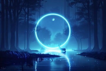 a deer in a forest with a circle in the middle of water