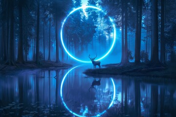 a deer in a forest with a circle of light