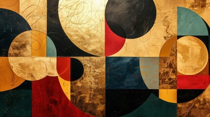 Abstract painting with geometric shapes and gold leaf.