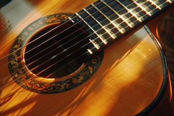 A guitar with a sun shining on it
