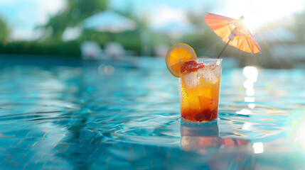 A refreshing tropical cocktail with sliced fruits and an umbrella by a pool