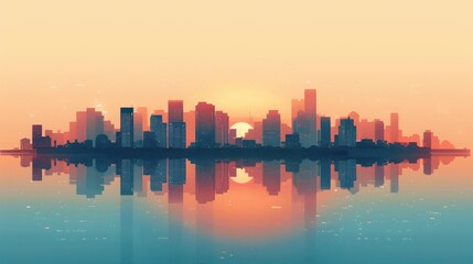 Cityscape with skyscrapers and reflection in water at sunset.