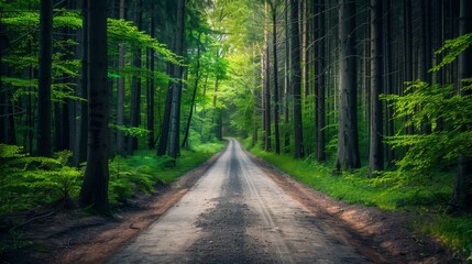 Fototapeta premium A dirt road stretches through a dense forest, adventure background