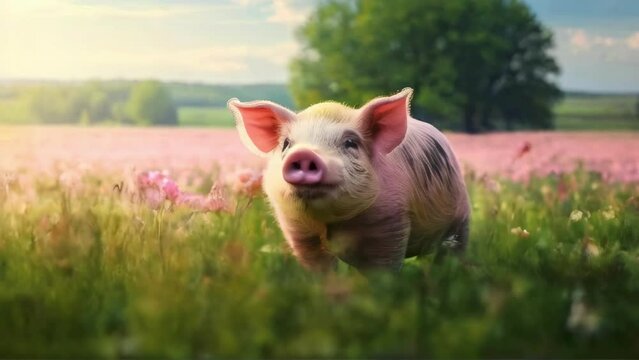 Pink pig standing in a bright green grass field under a blue sky with clouds. Cheerful farm animal in a vibrant setting. Concept of livestock, agriculture, and joyful nature. Motion