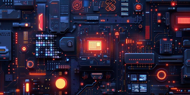 The image is a circuit board with red and blue lights.