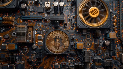 Fototapeta premium The image shows a close-up of a computer circuit board with a Bitcoin symbol in the center