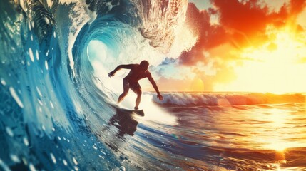 A surfer skillfully navigates a wave during a beautiful sunset, adventure background