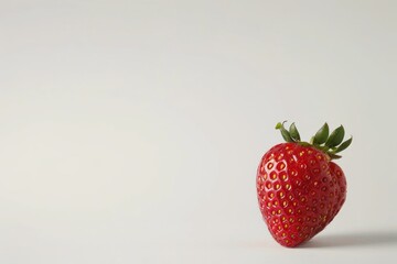 A red strawberry is sitting on a white background with copy space