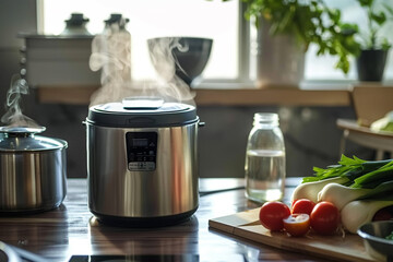 A stainless steel rice cooker with a removable steam vent, easy to clean and maintain.