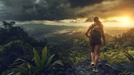 Woman hiking through dense jungle with backpack on back, adventure background