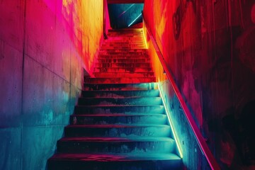 a staircase with colorful lights