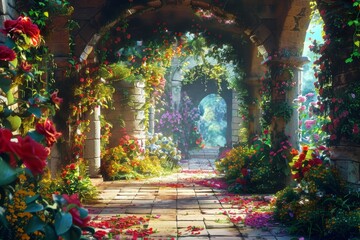 a stone archway with flowers and plants