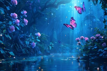 a stream of water with butterflies and flowers